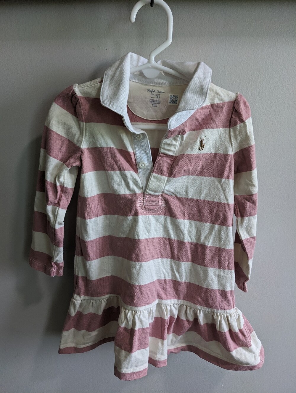 Polo Ralph Lauren Girls Toddler Pink LS Striped Rugby Dress Cotton Preppy 24m